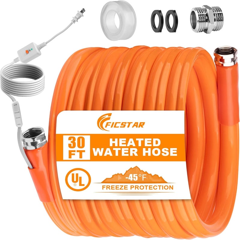 Ficstar 30FT Heated Drinking Water Hose for RV, Heated Water Hose Antifreeze to -45°F, 5/8" I.D. with 3/4" GHT Adapter, Lead and BPA Free,No Odor - Image 1